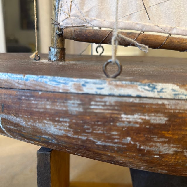 1920s Early 20th Century Gaff-Rigged Carved Wood Pond Yacht on Custom Cradle For Sale - Image 5 of 12