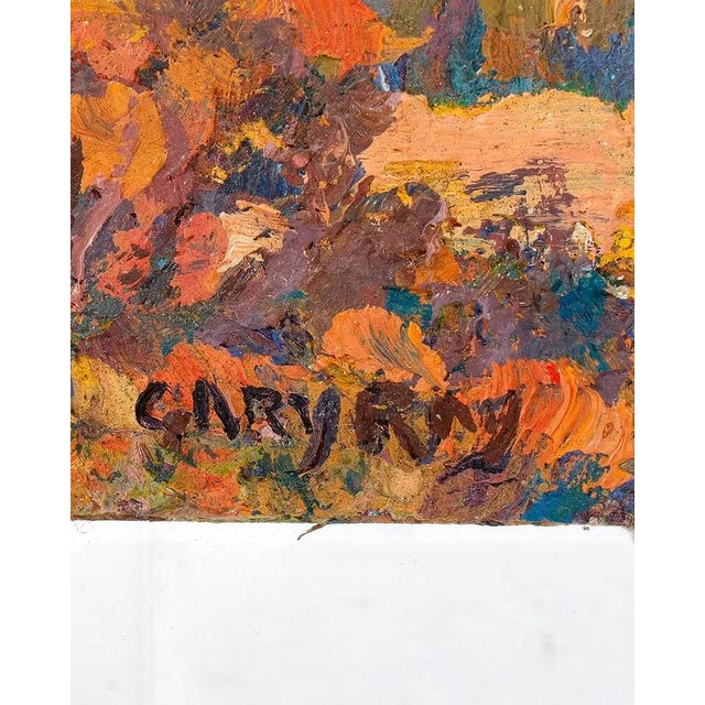 This artwork is an impressionistic oil painting titled "Fall Colors Mountain Landscape" by the American artist Gary Ray,...