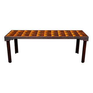 Monumental Artisan Post-Modern Mahogany Marquetry Inlaid Console Dining Table For Sale