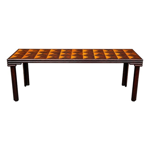 Monumental Artisan Post-Modern Mahogany Marquetry Inlaid Console Dining Table For Sale