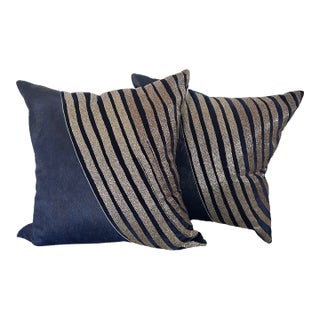 22" Callisto Home Beaded Hair-on-Hide and Navy Velvet Pillows - A Pair For Sale