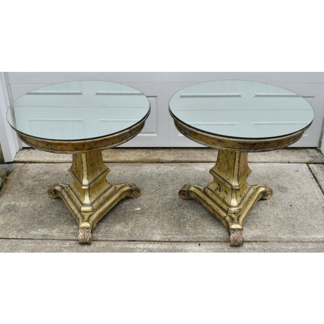 Vtg. Pair Italian Regency Style Carved Wood Pedestal End Tables W/Mirrored Tops For Sale - Image 9 of 15