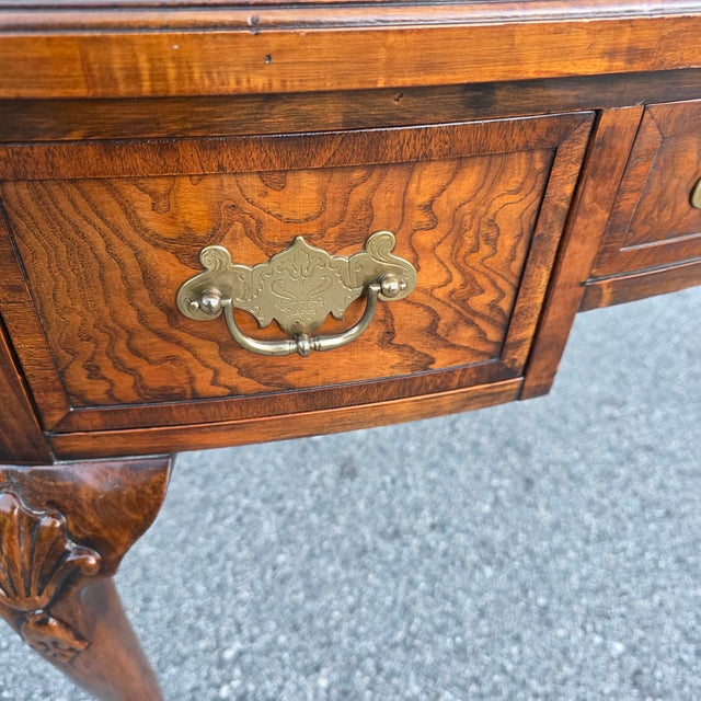Hekman Queen Anne Revival Burl Walnut Writing Desk With Carved Shell-Accent Cabriole Legs, Late 20th Century For Sale - Image 12 of 12