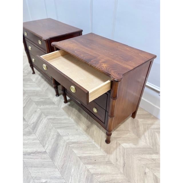 Stunning pair of custom-built Faux Bamboo large nightstands or end tables available finished in vintage maple stain with...