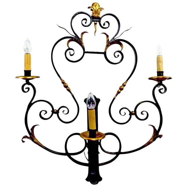 Large Paladio Wrought Iron and Gilt Italian or Spanish Style Sconce For Sale
