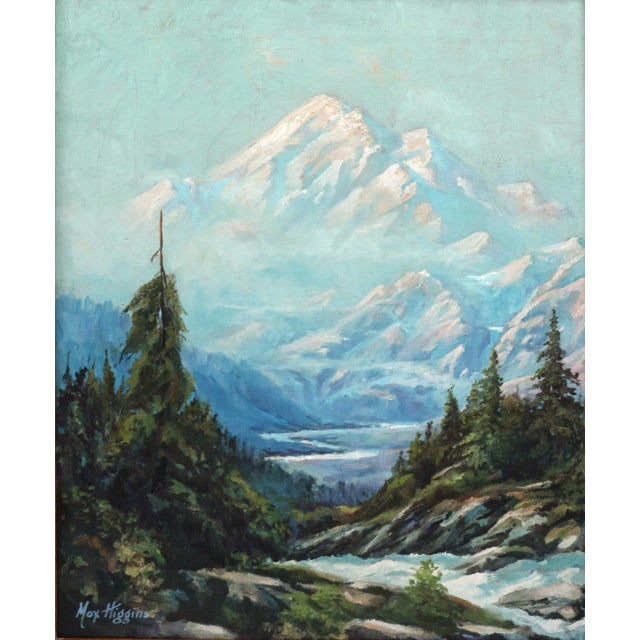 Wonderful vintage oil painting of Sierra Mountains in Fall by Max Higgins (American, 20th Century), circa 1940s. Signed...