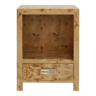 Matthew Izzo Home Winnie Light Burl Wood One Drawer Side Table With Acrylic Drawer Pull For Sale