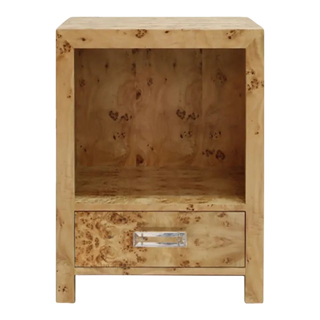 Matthew Izzo Home Winnie Light Burl Wood One Drawer Side Table With Acrylic Drawer Pull For Sale