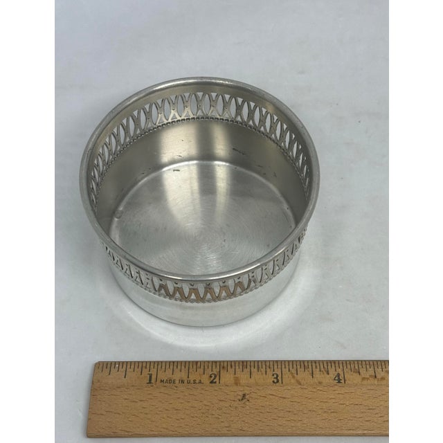 Vintage Eastern Pewter 3 3/4” Wine or Champagne Bottle Coaster Reticulated Pierced Lattice Gallery Rim For Sale - Image 10 of 11