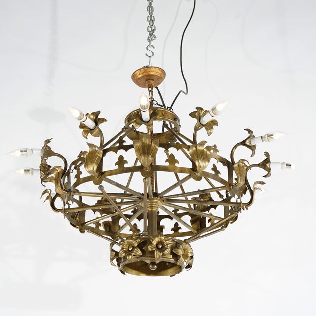 Metal Antique French Fleur-de-Lis Design Brass & Jeweled Twelve-Light Chandelier 1930 For Sale - Image 7 of 12