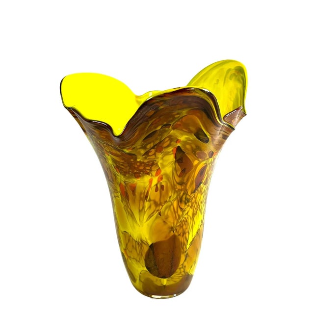 Vintage Murano Style Handblown Handkerchief Vase With Mottled/Confetti Amber and Brown For Sale - Image 4 of 14