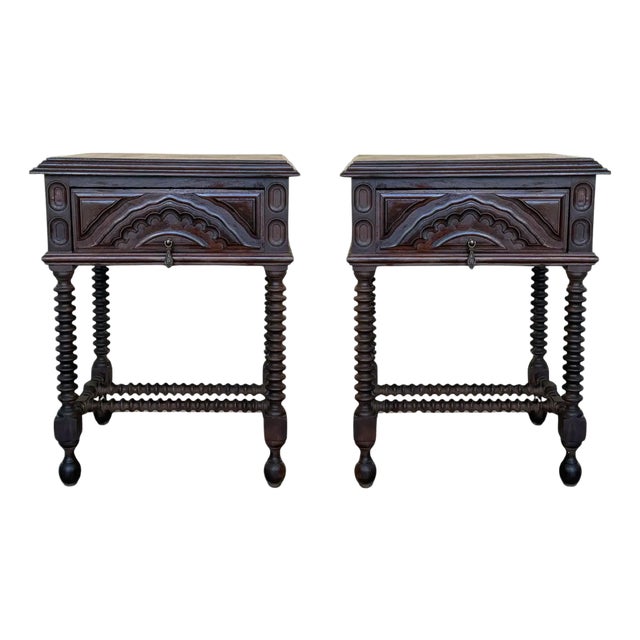 19th Century Pair of Light Walnut Carved Spanish Nightstands With Lentil Legs and Drawer For Sale