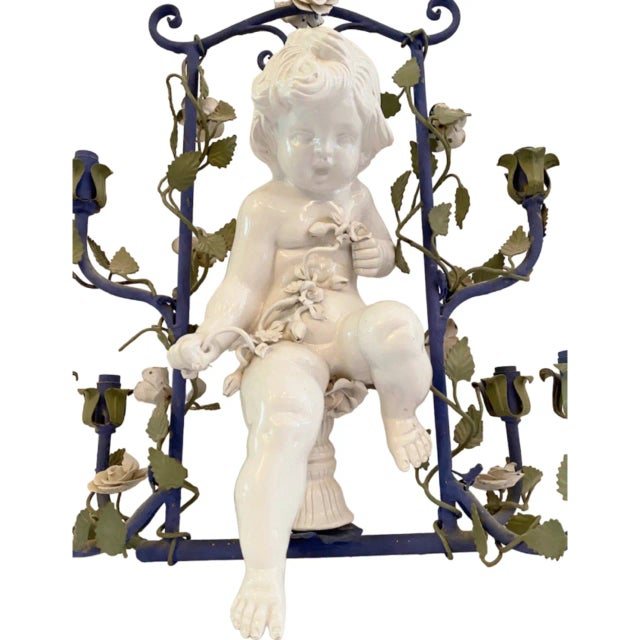 Italian Vintage Italian Cherub Putti Tole Chandelier Floral 6 Light Ceiling Fixture For Sale - Image 3 of 12
