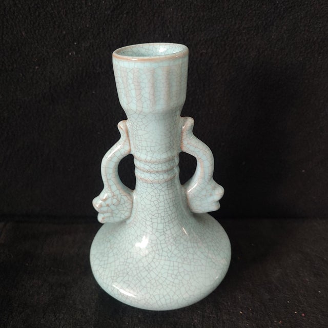 Art Deco Chinese Ceramic Vase,Guan Ware Crackle Glaze Celadon Glaze Porcelain Double Ears Vase For Sale - Image 3 of 9