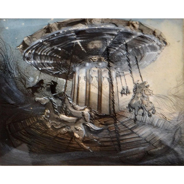 Mid-Century Modern White Framed Signed Antique French Montmartre Carousel Night Mid-Century Modern For Sale - Image 3 of 13