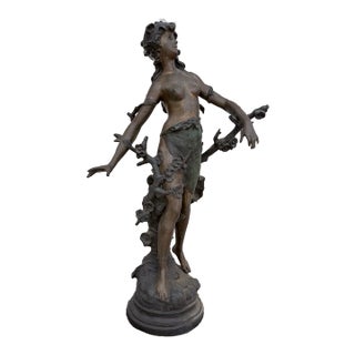 Antique A. Moreau “Morning” Signed Bronze Sculpture on Green Marble For Sale