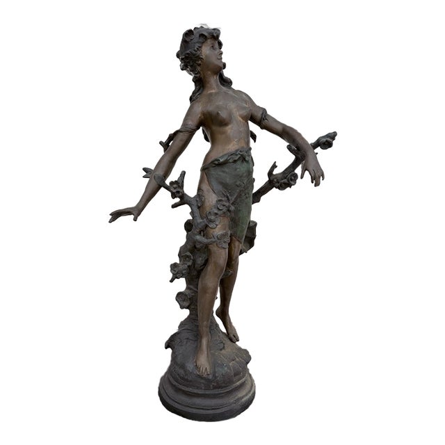 Antique A. Moreau “Morning” Signed Bronze Sculpture on Green Marble For Sale