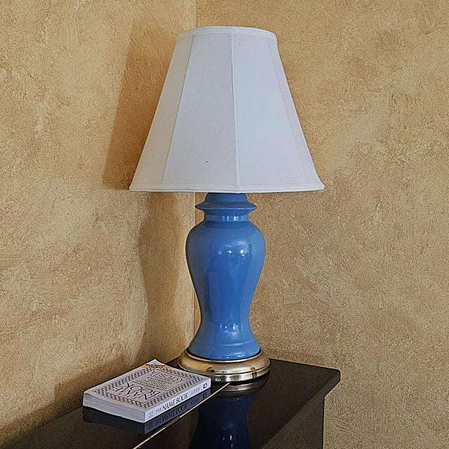 Vintage Blue Porcelain Urn Lamp With Brass Base - Hollywood Regency For Sale - Image 16 of 18