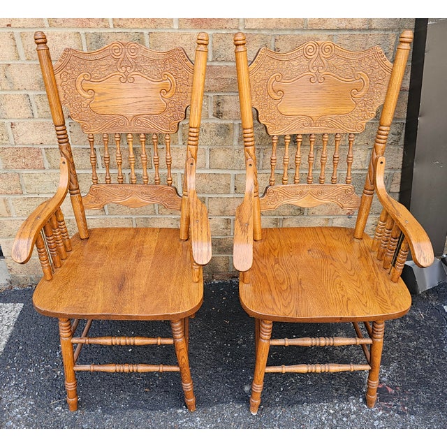 Mid-Century Modern Pair Mid-Century Century Red Oak Pressback Armchairs For Sale - Image 3 of 4