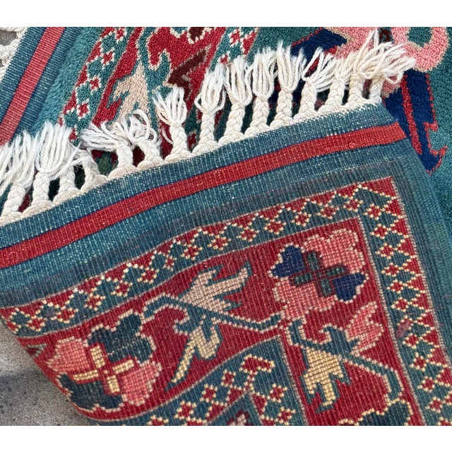 Mid-Century Hand Knotted Floral Turquoise Pink Wool Rug For Sale - Image 4 of 8