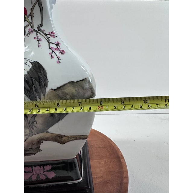 Tall Ming Village Four-Sided Hand-Painted Chinese Porcelain Crane & Blossom Vase, 21" For Sale - Image 18 of 18
