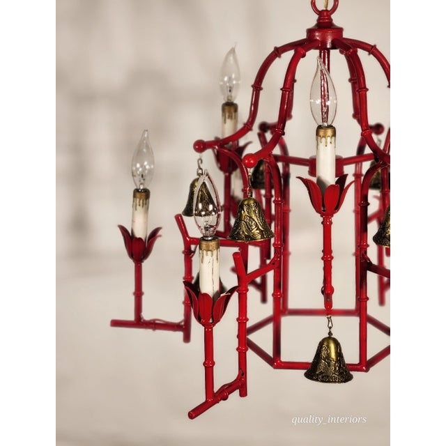 1950s Faux Bamboo Pagoda Hollywood Regency Birdcage 9 Light Chandelier Brass Bells For Sale - Image 5 of 10