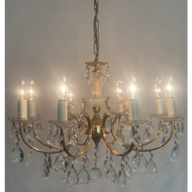 Brass and Lead Crystal 8-Light Chandelier, 1960s For Sale - Image 11 of 15