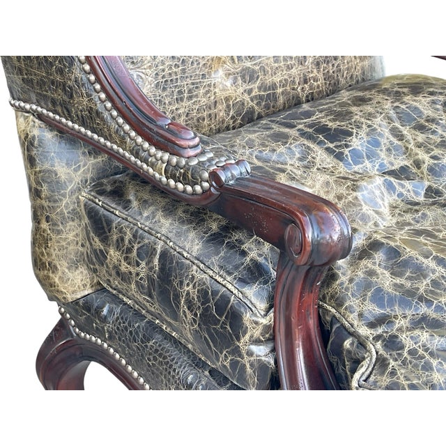 Old Hickory Furniture Company Crocodile Embossed Leather Chairs by Old Hickory Tannery, a Pair, Wingback Chairs, Nailhead Trim, Style of Massoud Lettsworth Wing Chair For Sale - Image 4 of 12