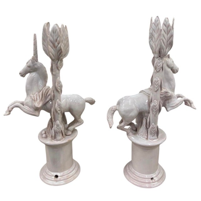 Vintage Ceramic Rearing Unicorn and Leaf Pillar Candleholders For Sale In West Palm - Image 6 of 12