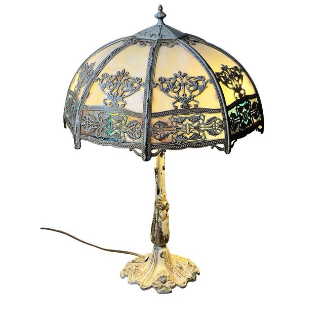 Vintage Art Nouveau Slag Glass Two-Light Table Lamp, C. 1935–1955 For Sale - Image 9 of 10