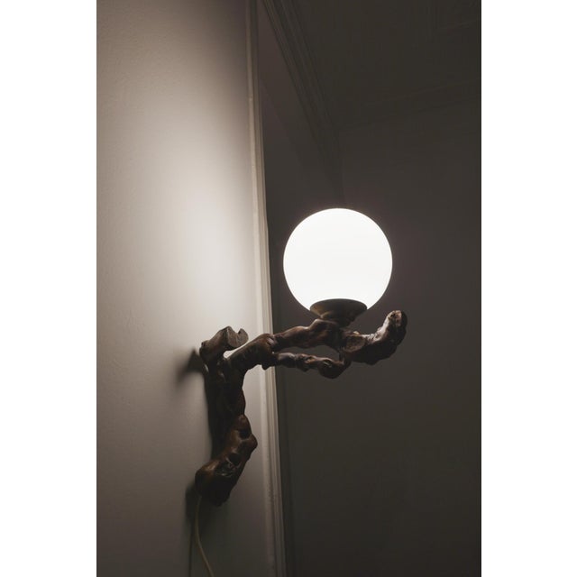 Vintage Organic Brutalist Vine Root Wall Lamp with Opaline Globe, 1960s For Sale - Image 3 of 18