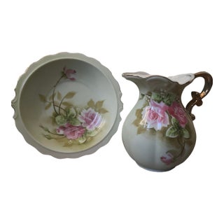 Vintage Lefton China (Stamped) Fine Bone Porcelain Mini Pitcher & Bowl Set in “Heritage Green” For Sale