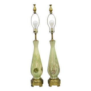 Vintage Mid Century Modern Italian Murano Green Blown Glass Table Lamps - A Pair For Sale