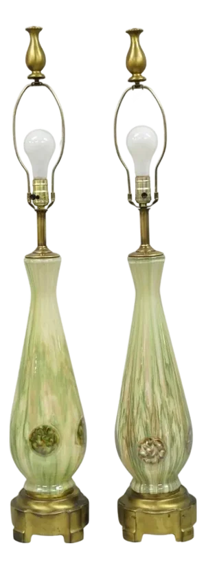 Vintage Mid Century Modern Italian Murano Green Blown Glass Table Lamps - A Pair