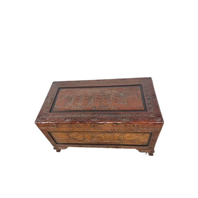 Vintage Asian Carved Wood Storage Chest With Figural Relief Panels For Sale - Image 12 of 18