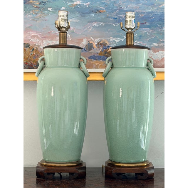 Chinoiserie Vintage Frederick Cooper Crackle-Glazed Celadon Porcelain Table Lamps For Sale - Image 3 of 14