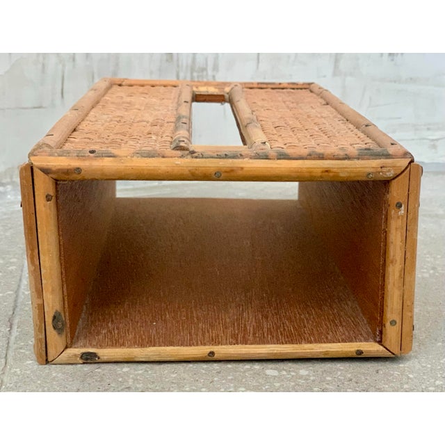 Brown Vintage 1970’s 'Scorched Tortoise' Bamboo, Rattan. Wicker Tissue Box Cover in the Crespi Style For Sale - Image 8 of 12