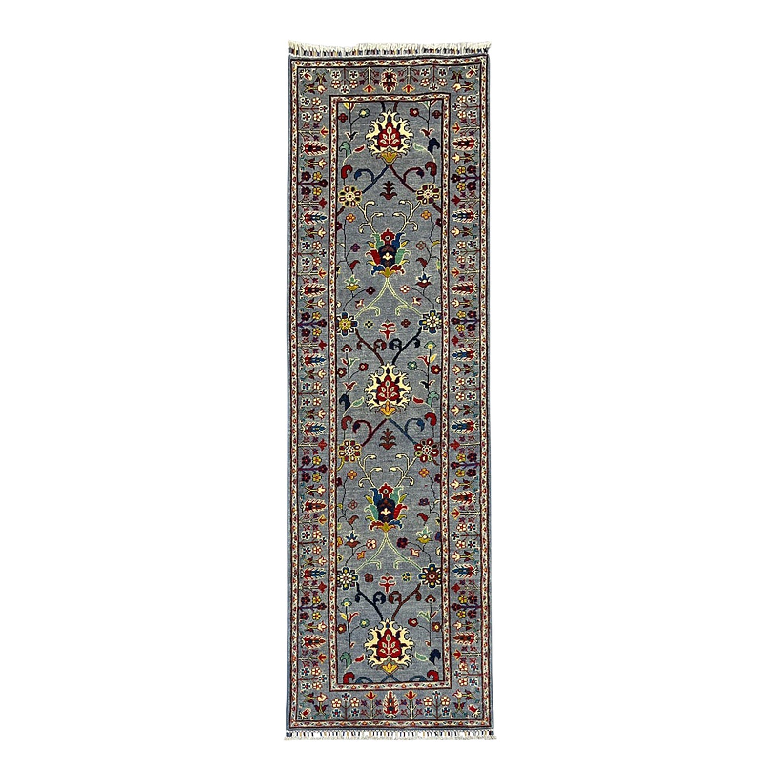 Blue Gray and Red Floral Wool Runner Rug, Persian Style, 2'9
