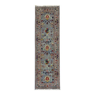 Blue Gray and Red Floral Wool Runner Rug, Persian Style, 2'9" X 9'7" For Sale