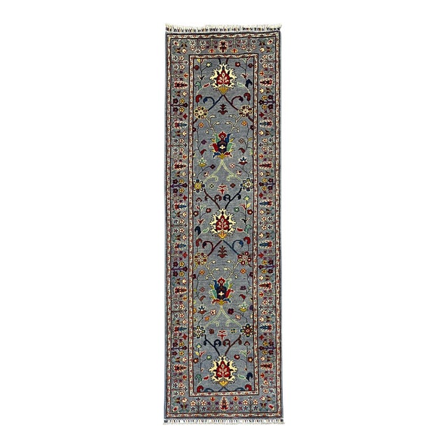 Blue Gray and Red Floral Wool Runner Rug, Persian Style, 2'9" X 9'7" For Sale
