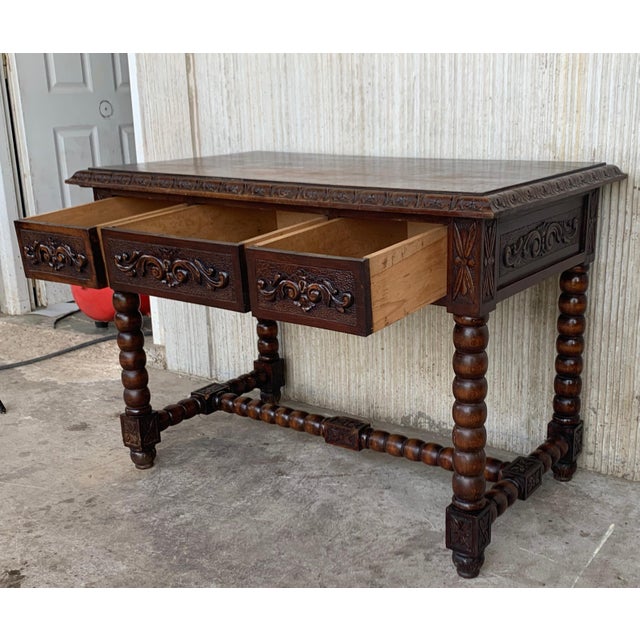 Wood 20th Century Spanish Baroque Style Oak Library Table For Sale - Image 7 of 12