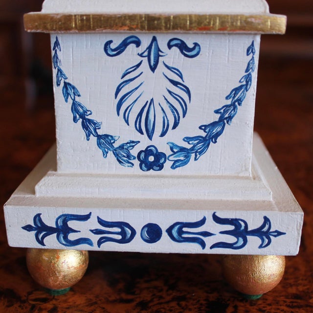 Pair of Neoclassical Painted Lamps, Cream With Blue Designs For Sale - Image 6 of 18