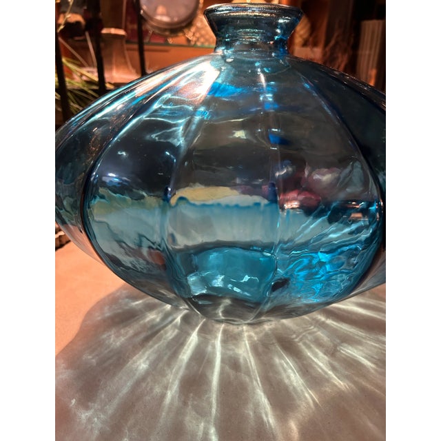 Blue 1980s Oversized Vintage Heavy Blue Ribbed Vase For Sale - Image 8 of 10