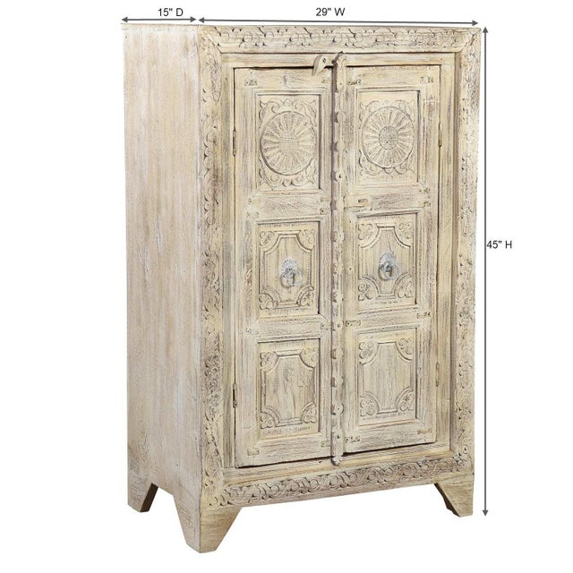 Wood 1970s Farmhouse Style Distressed White 2 Door Carved Cabinet For Sale - Image 7 of 8
