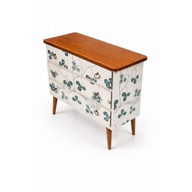 Scandinavian Modern Teak Commode with Clover Wallpaper by Josef Frank For Sale - Image 3 of 10