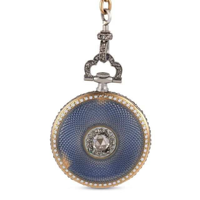 Cartier 1910s Rare Cartier Edwardian Diamond Enamel Pearl 18k Yellow Gold Watch Pendant For Sale - Image 4 of 6