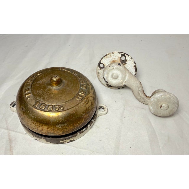 American Rare Antique Patented 1867 Brass Crank Hand Wind Front Door Bell 19th Century For Sale - Image 3 of 9