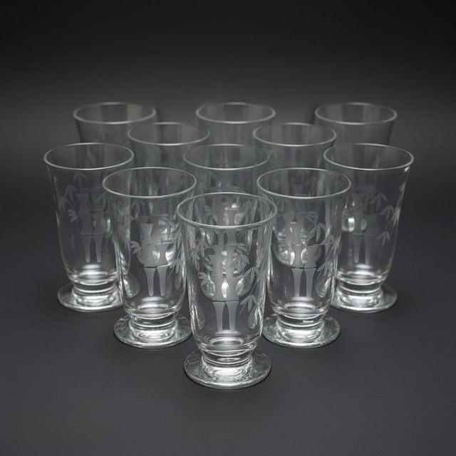 Mid-Century Modern 11 Sasaki Noritake Bamboo Etched Juice Glasses-Vintage-Japan-MCM Barware Set For Sale - Image 3 of 11