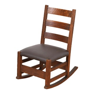 Signed Gustav Stickley Antique Mission Oak Arts & Crafts Sewing Rocking Chair, Circa 1900 For Sale