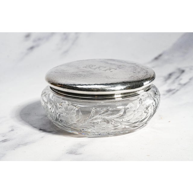 Stunning Large Antique Crystal Powder Jar Sterling Silver Lid Floral Cut Glass Edwardian Vanity Box For Sale - Image 9 of 16
